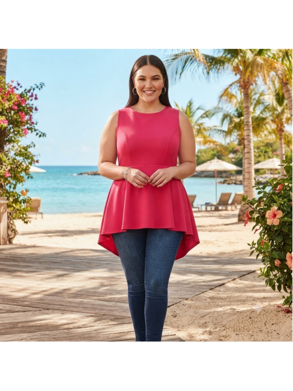 Torrid Women's Fuchsia Pink Textured Ponte Hi-Lo Peplum Top Sleeveless Size 3X
